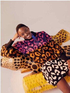 FARM RIO  Mixed Leopard Print Mini Sweater Dress Mock Neck Puff Sleeve XS NEW